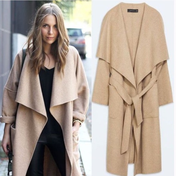 NWT RARE ZARA CAMEL BEIGE WATERFALL WOOL DRAPED COAT JACKET WINTER BLOGGER FAVE - Picture 2 of 15